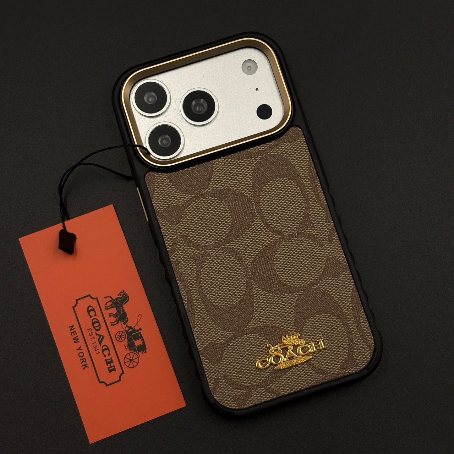 CC Luxe Heritage Monogram Brown Case for iPhone 17 Series with Premium Gold Accent