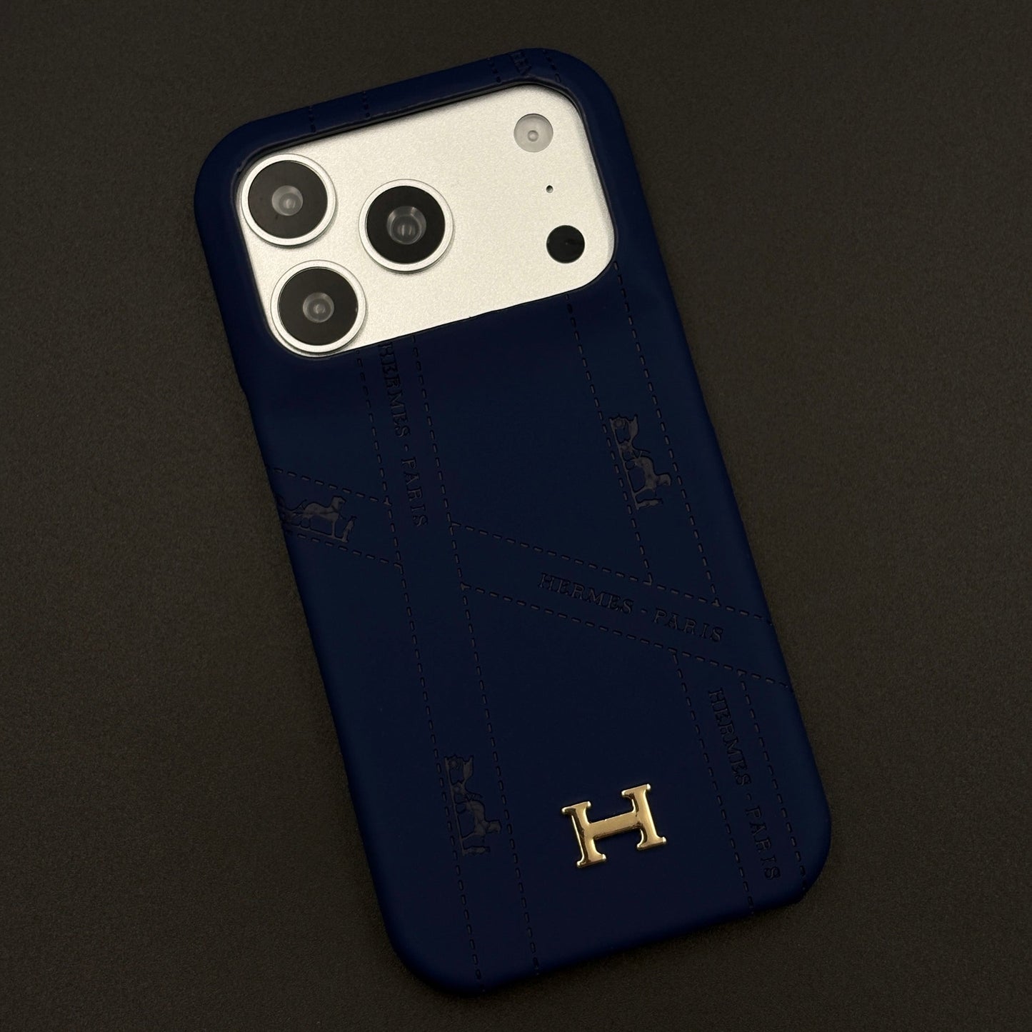 Luxury Orange & Blue Leather Case for iPhone 17 Series | HMS‑Inspired Ribbon Design with Gold H Logo