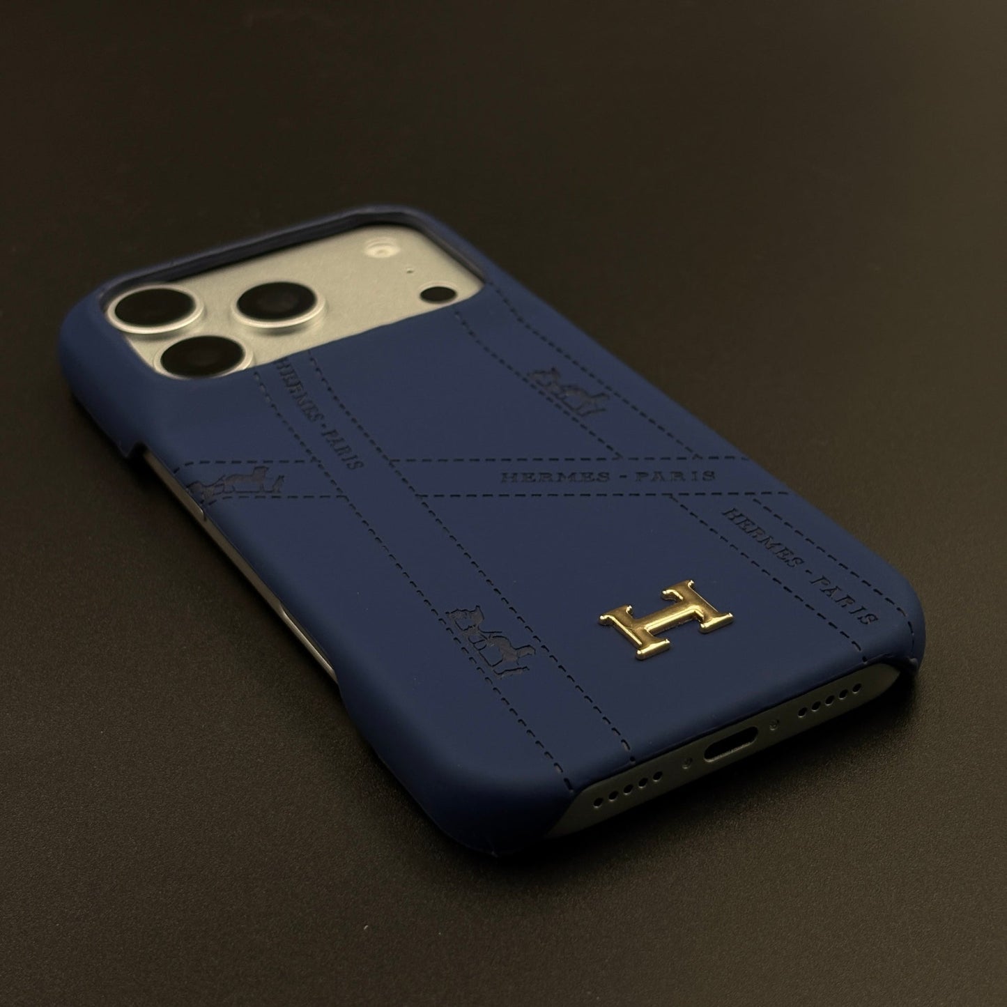 Luxury Orange & Blue Leather Case for iPhone 17 Series | HMS‑Inspired Ribbon Design with Gold H Logo