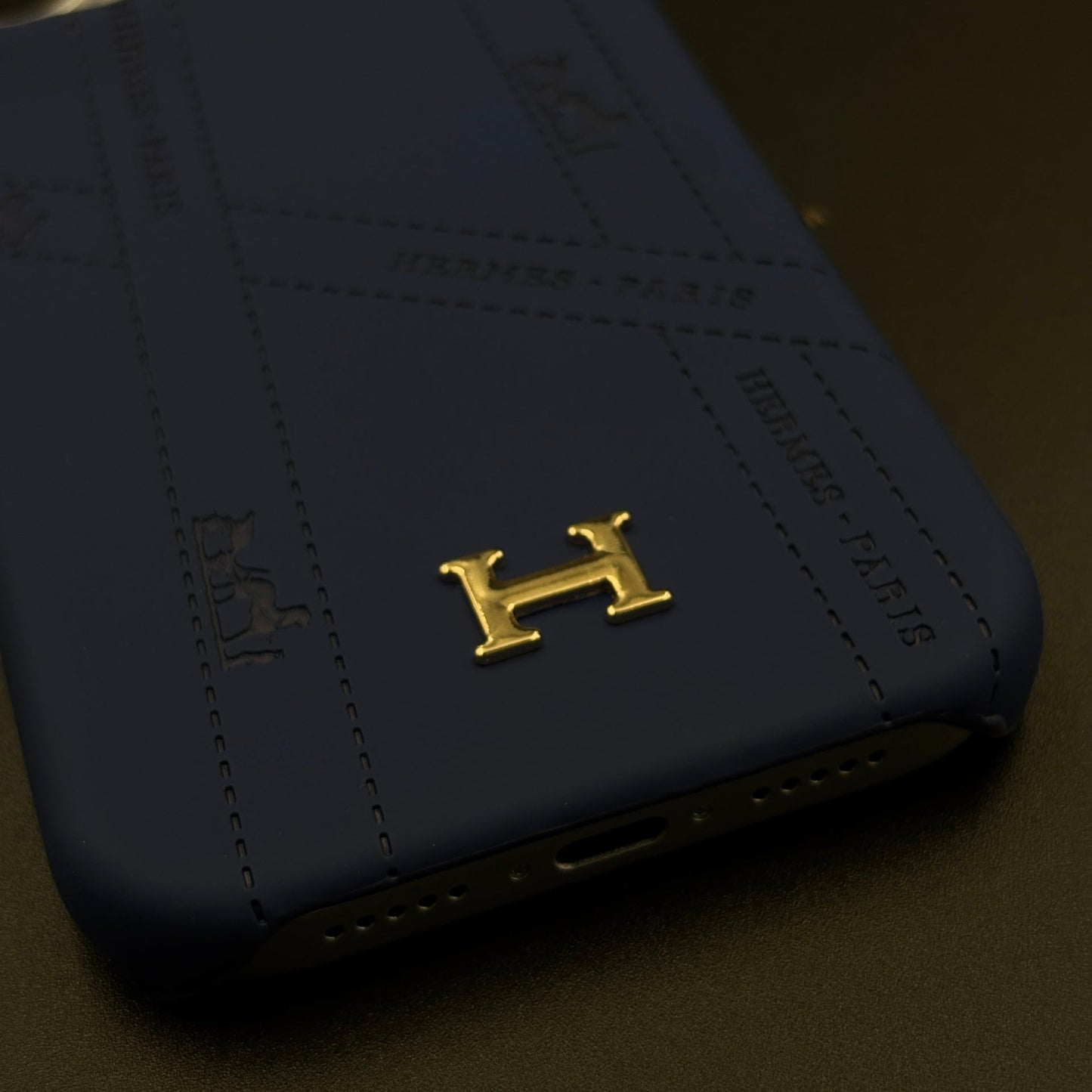 Luxury Orange & Blue Leather Case for iPhone 17 Series | HMS‑Inspired Ribbon Design with Gold H Logo