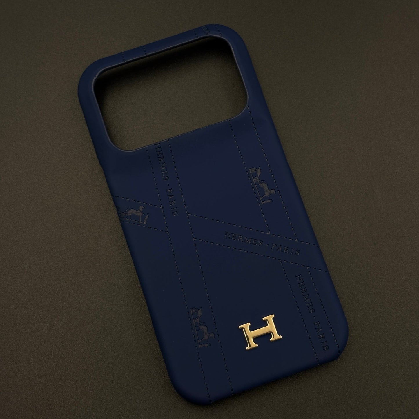 Luxury Orange & Blue Leather Case for iPhone 17 Series | HMS‑Inspired Ribbon Design with Gold H Logo