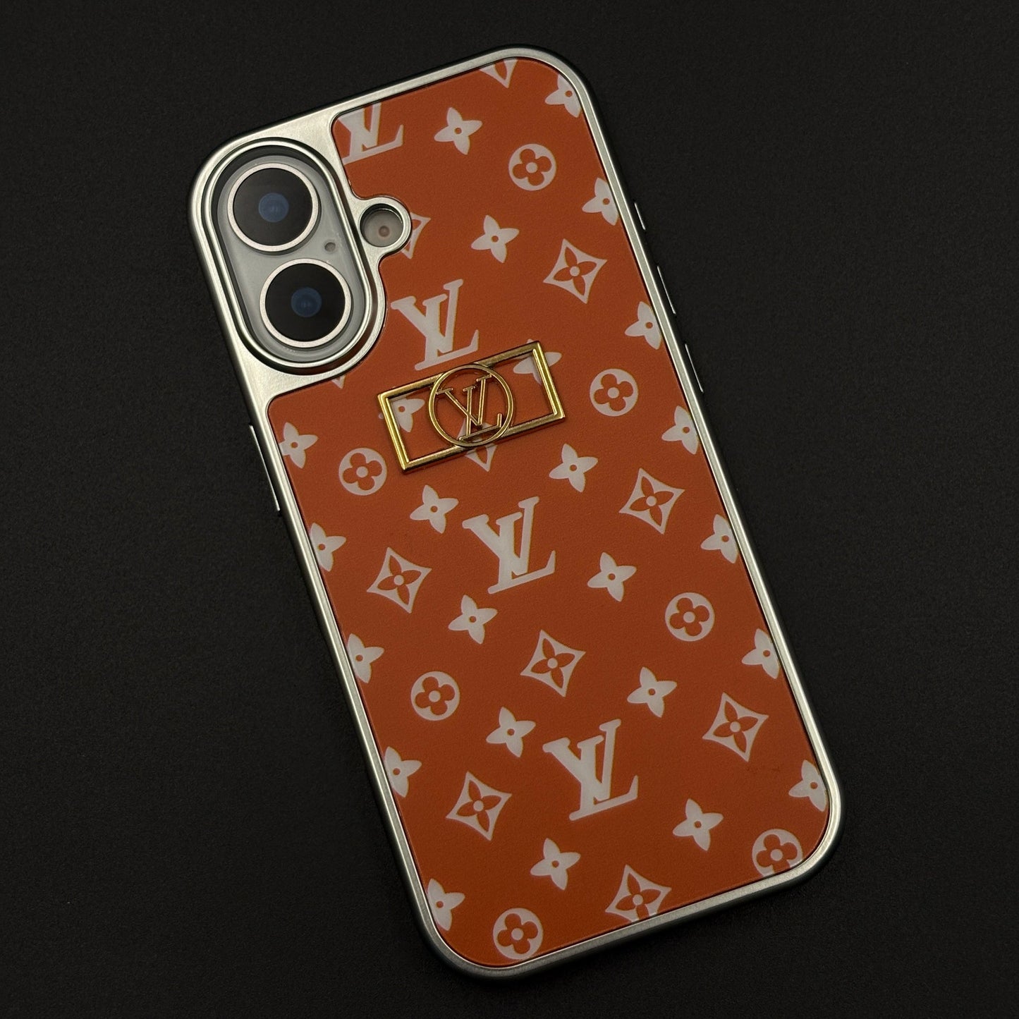 Luxury Fashion Brand Orange Monogram Elegance Case for iPhone 17 with Metallic Accent