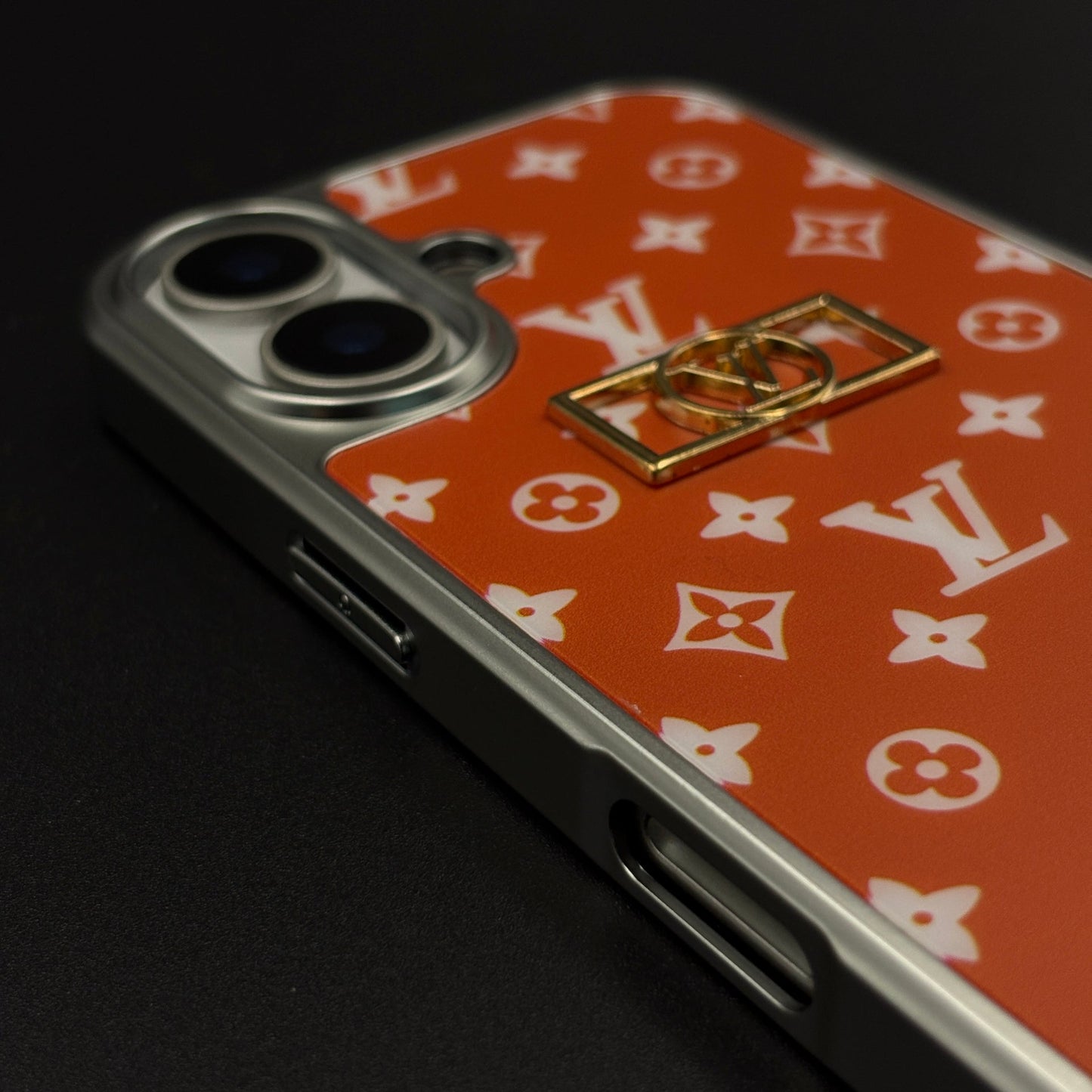 Luxury Fashion Brand Orange Monogram Elegance Case for iPhone 17 with Metallic Accent