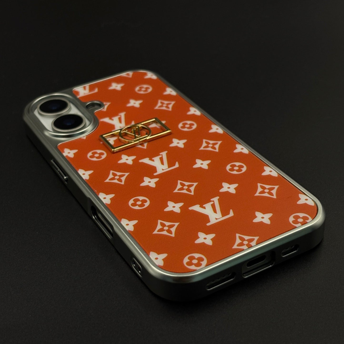 Luxury Fashion Brand Orange Monogram Elegance Case for iPhone 17 with Metallic Accent