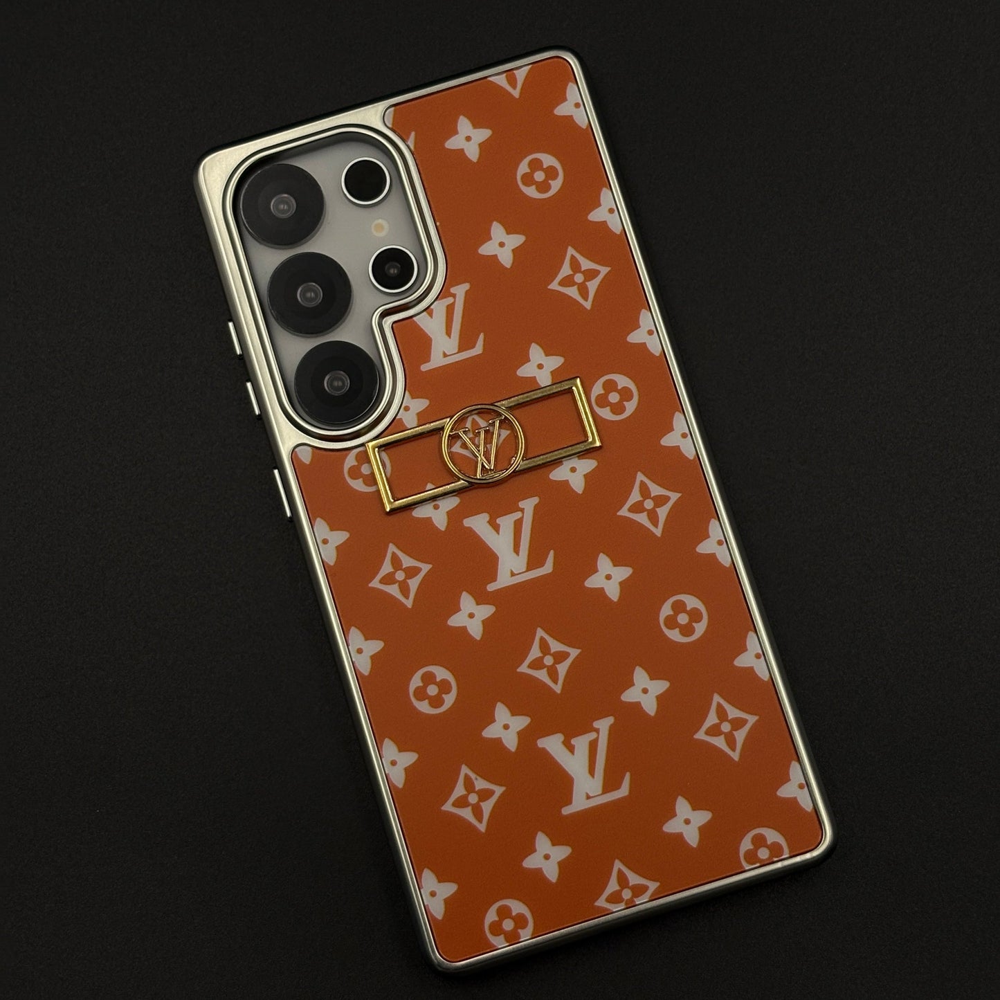 Luxury Fashion Brand Orange Monogram Elegance Case for Samsung Galaxy S25 Ultra with Metallic Accent