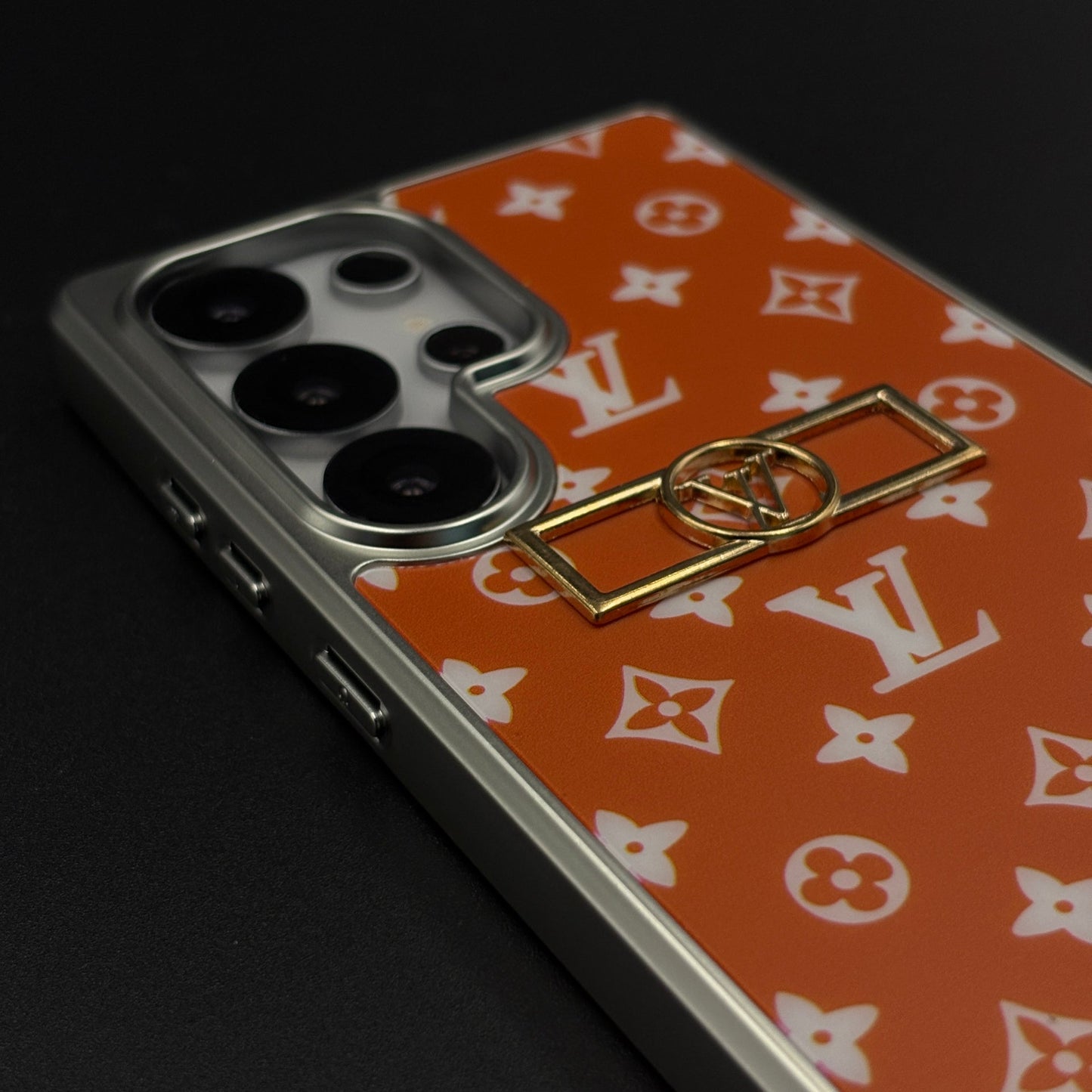 Luxury Fashion Brand Orange Monogram Elegance Case for Samsung Galaxy S25 Ultra with Metallic Accent