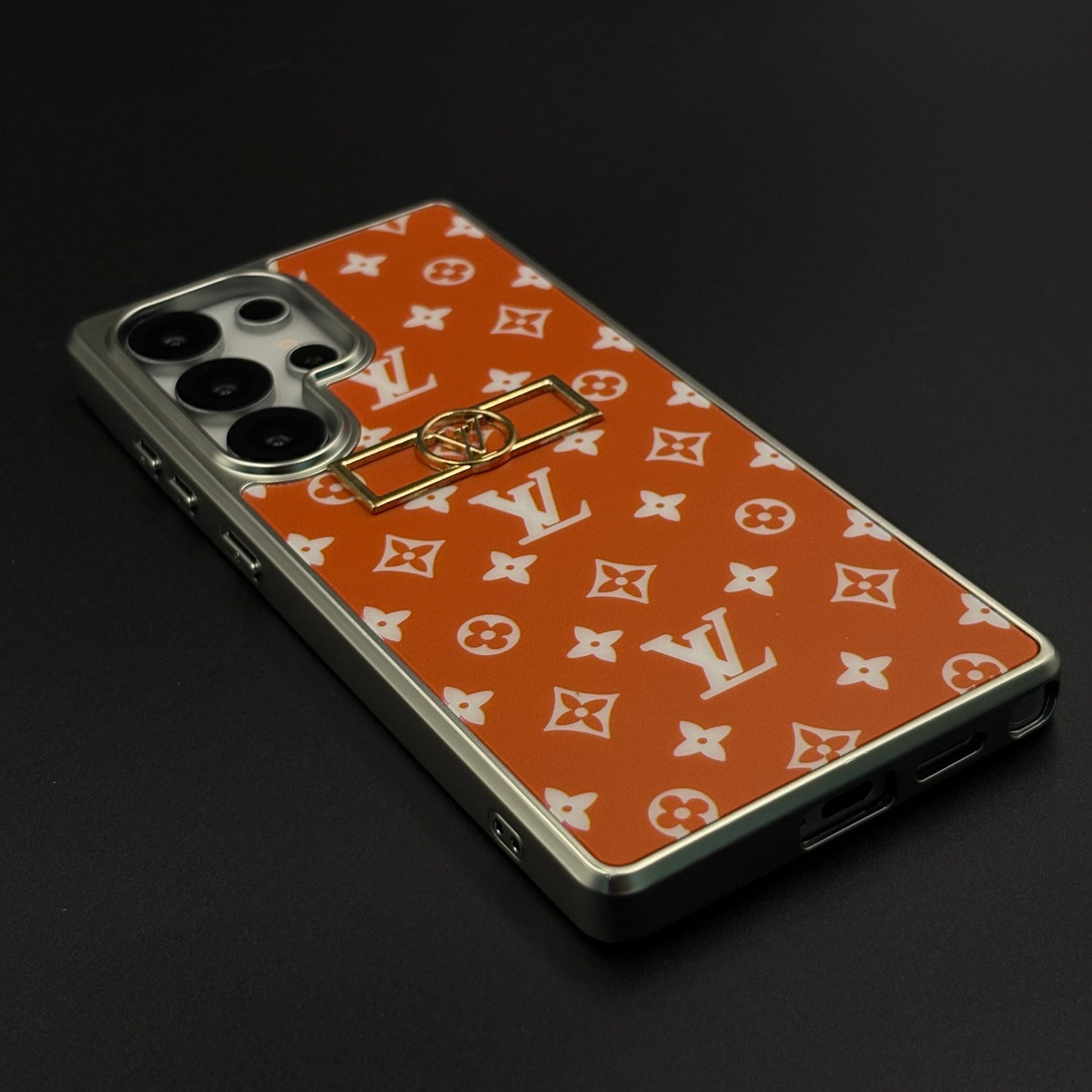 Luxury Fashion Brand Orange Monogram Elegance Case for Samsung Galaxy S25 Ultra with Metallic Accent