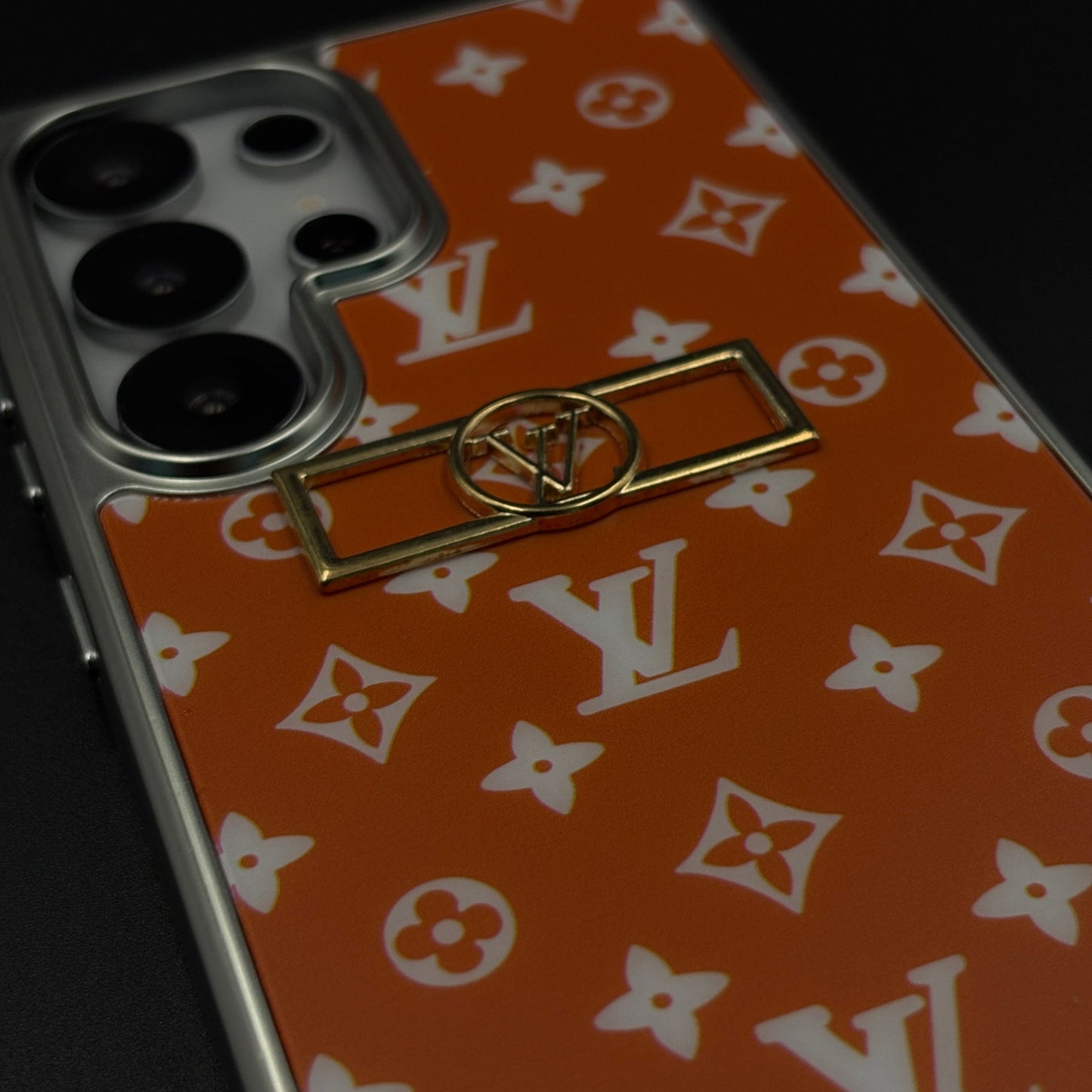 Luxury Fashion Brand Orange Monogram Elegance Case for Samsung Galaxy S25 Ultra with Metallic Accent