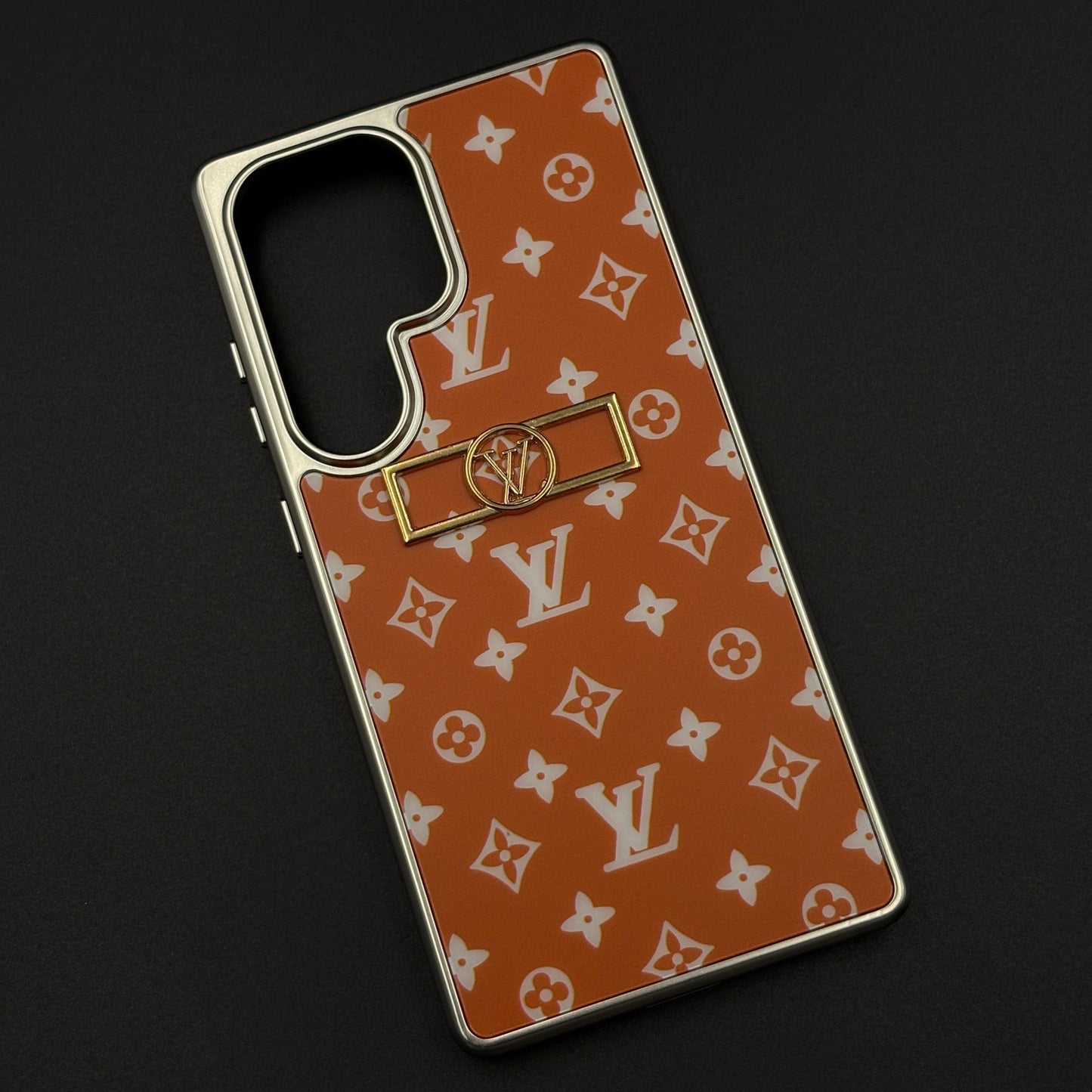 Luxury Fashion Brand Orange Monogram Elegance Case for Samsung Galaxy S25 Ultra with Metallic Accent