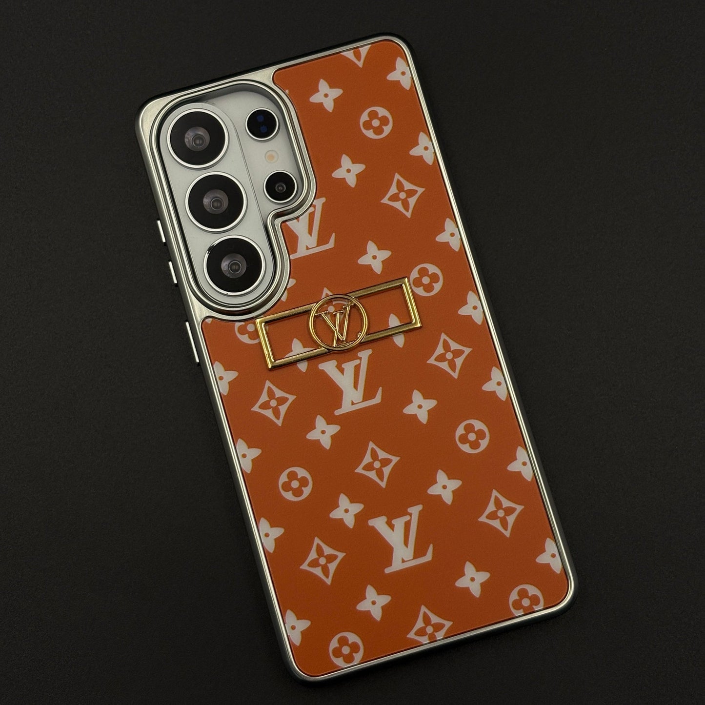 Luxury Fashion Brand Orange Monogram Elegance Case for Samsung Galaxy S26 Ultra with Metallic Accent