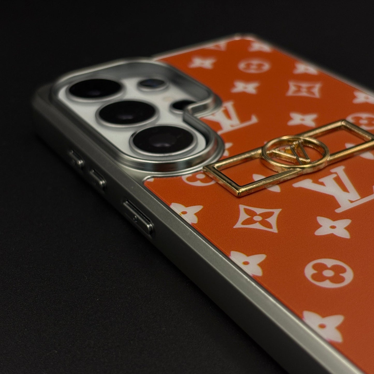 Luxury Fashion Brand Orange Monogram Elegance Case for Samsung Galaxy S26 Ultra with Metallic Accent