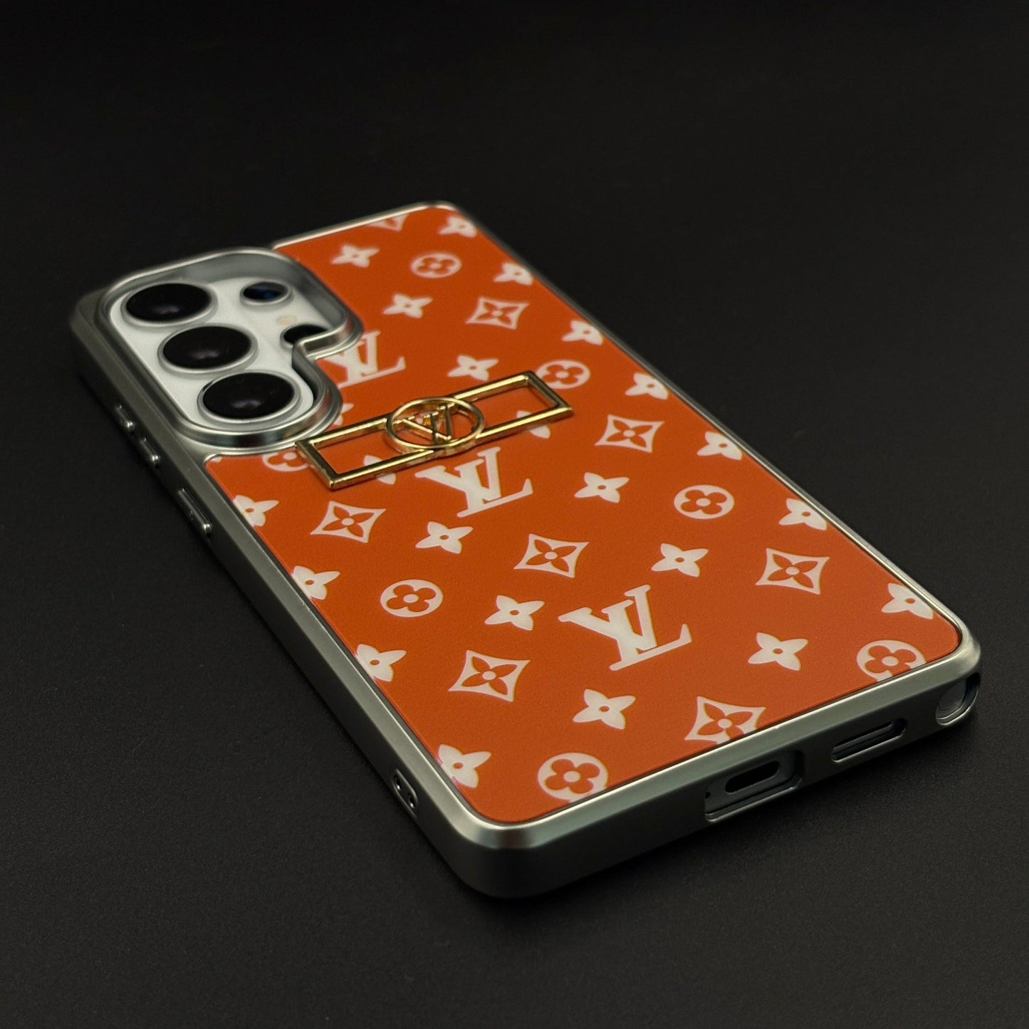 Luxury Fashion Brand Orange Monogram Elegance Case for Samsung Galaxy S26 Ultra with Metallic Accent