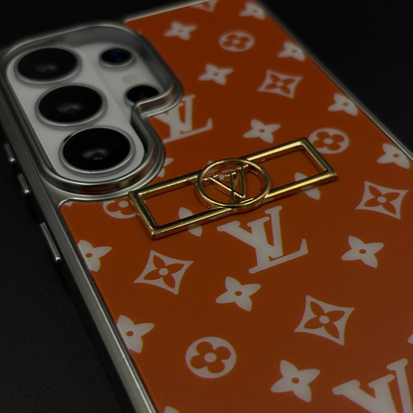 Luxury Fashion Brand Orange Monogram Elegance Case for Samsung Galaxy S26 Ultra with Metallic Accent