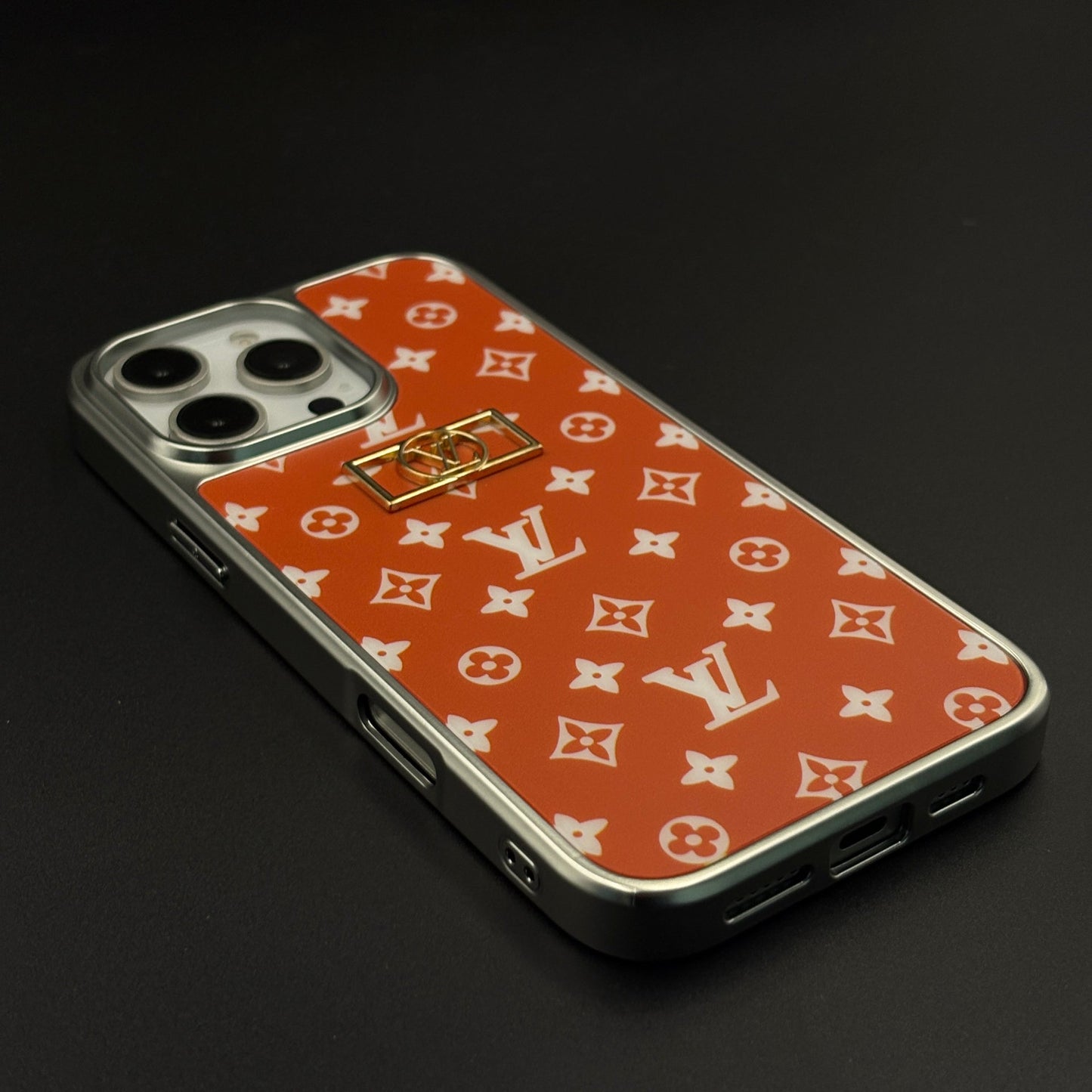 Luxury Fashion Brand Orange Monogram Elegance Case for iPhone 16 Pro Max with Metallic Accent