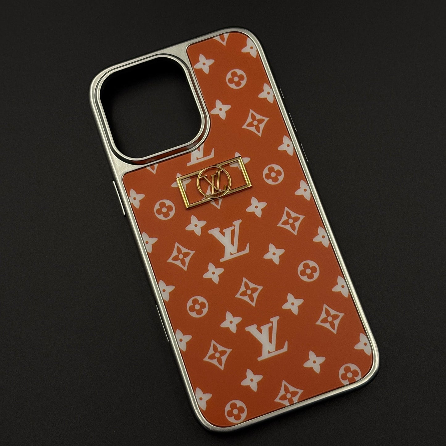 Luxury Fashion Brand Orange Monogram Elegance Case for iPhone 16 Pro Max with Metallic Accent