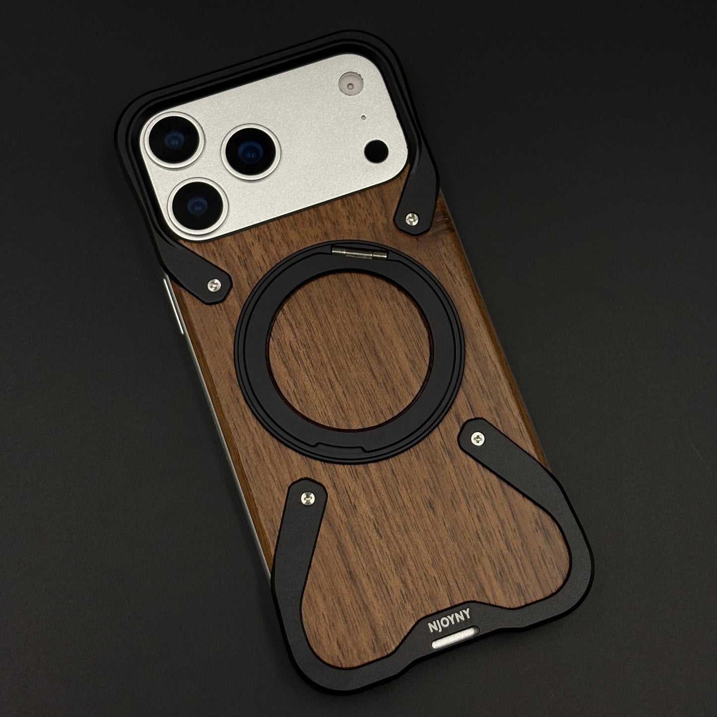 Wood Grain Metal Ring Stand Mobile Case Cover for iPhone 17 Series | Magnetic Kickstand Protection