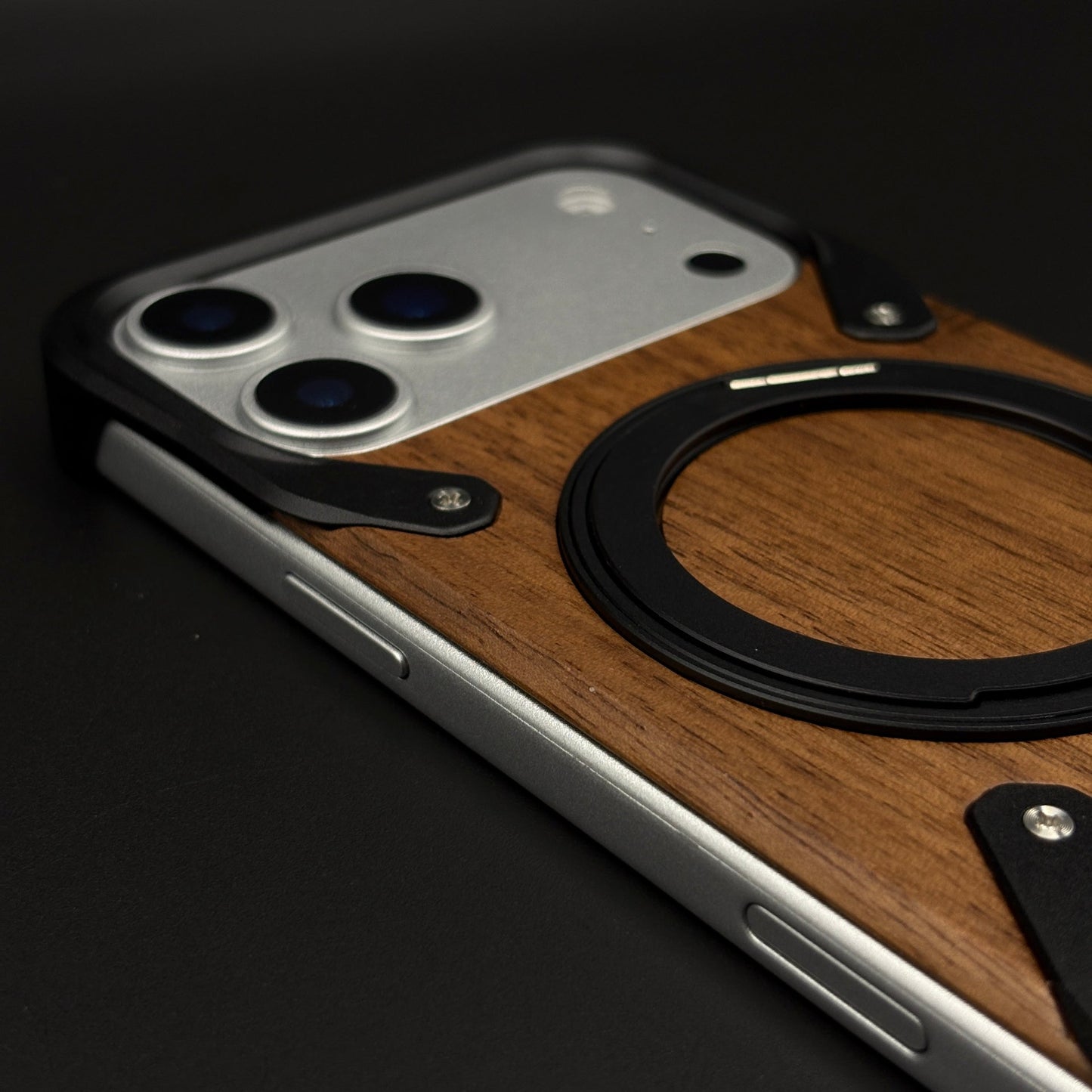 Wood Grain Metal Ring Stand Mobile Case Cover for iPhone 17 Series | Magnetic Kickstand Protection
