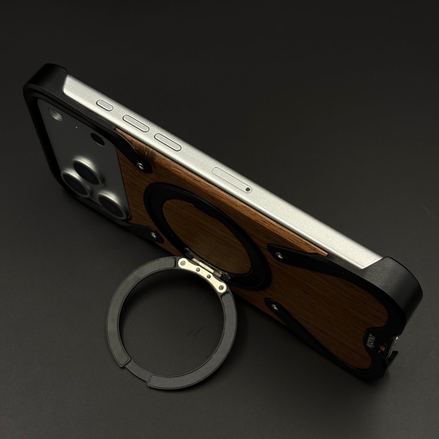 Wood Grain Metal Ring Stand Mobile Case Cover for iPhone 17 Series | Magnetic Kickstand Protection
