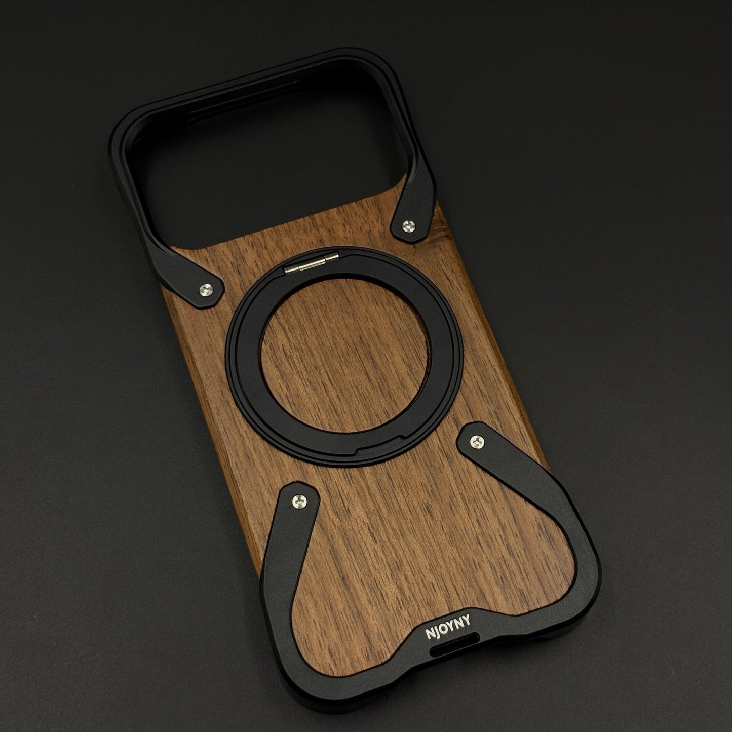 Wood Grain Metal Ring Stand Mobile Case Cover for iPhone 17 Series | Magnetic Kickstand Protection