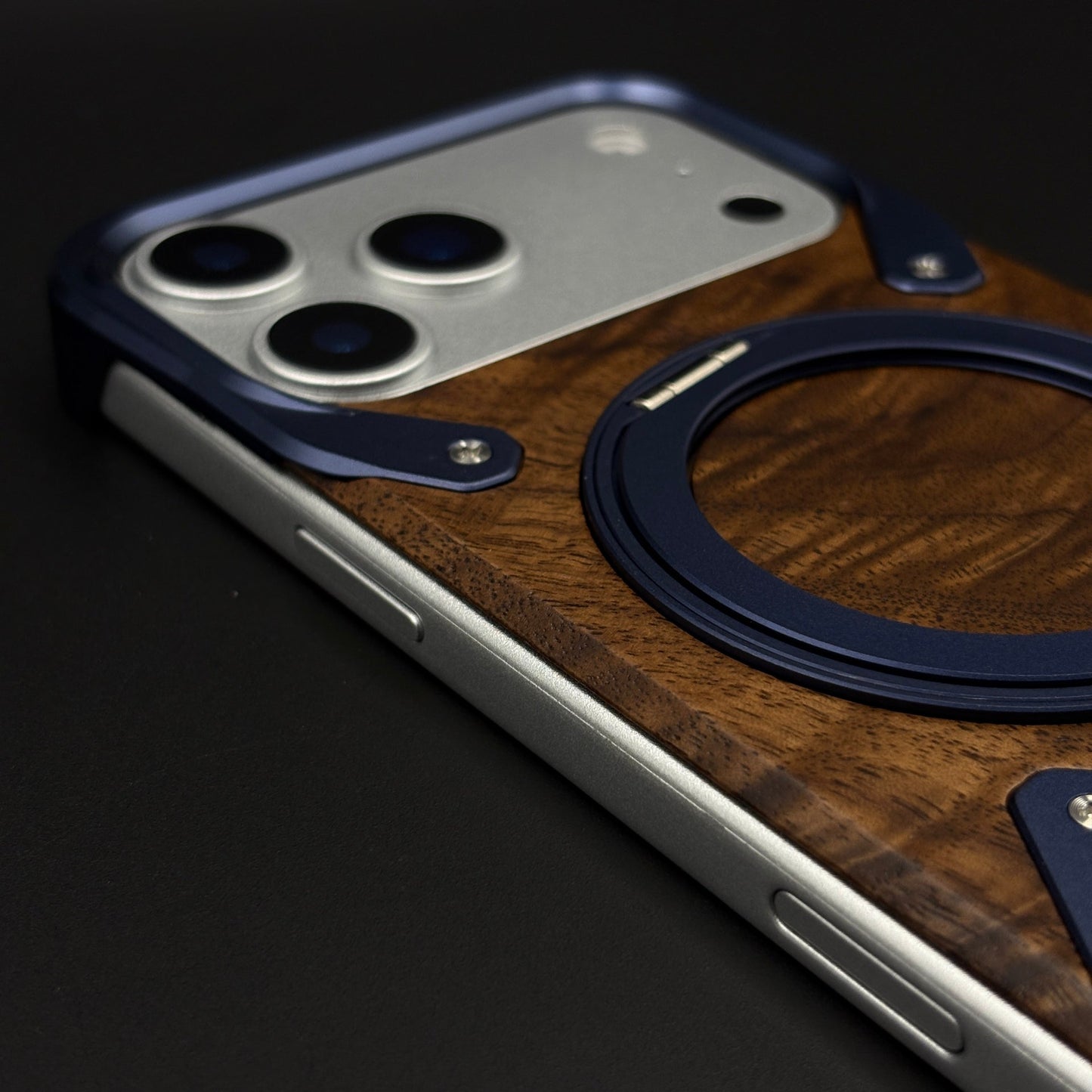 Wood Grain Metal Ring Stand Mobile Case Cover for iPhone 17 Series | Magnetic Kickstand Protection