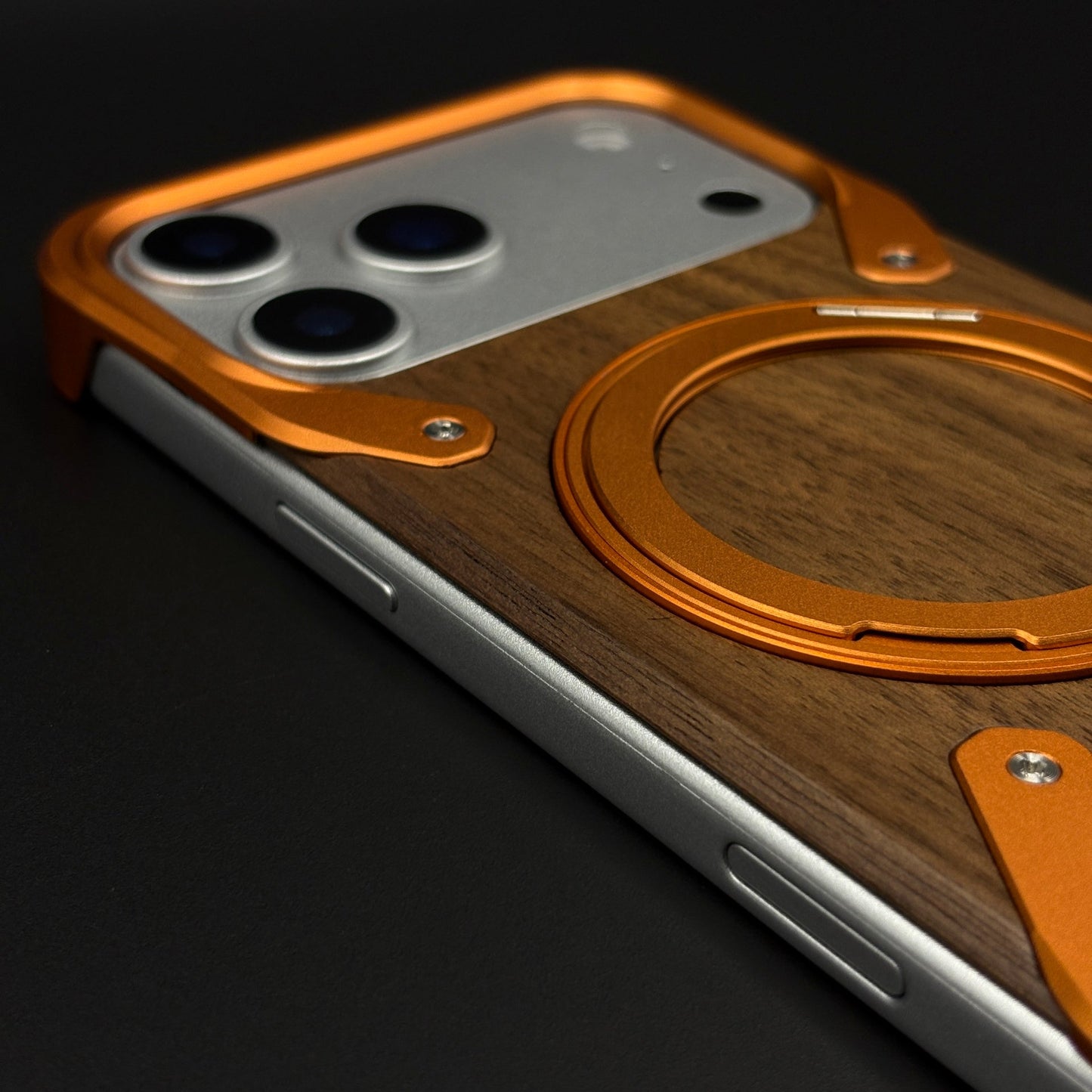 Wood Grain Metal Ring Stand Mobile Case Cover for iPhone 17 Series | Magnetic Kickstand Protection