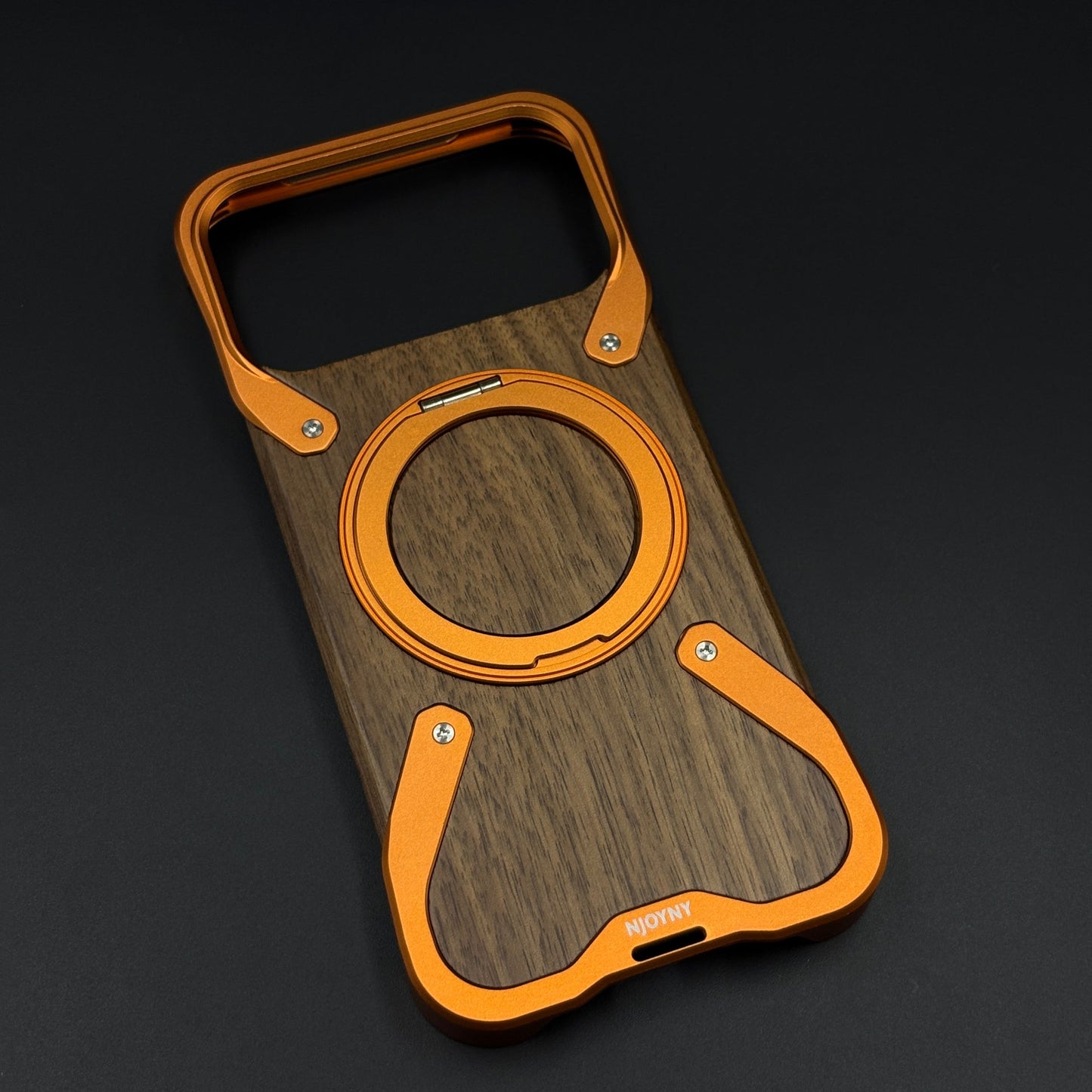Wood Grain Metal Ring Stand Mobile Case Cover for iPhone 17 Series | Magnetic Kickstand Protection