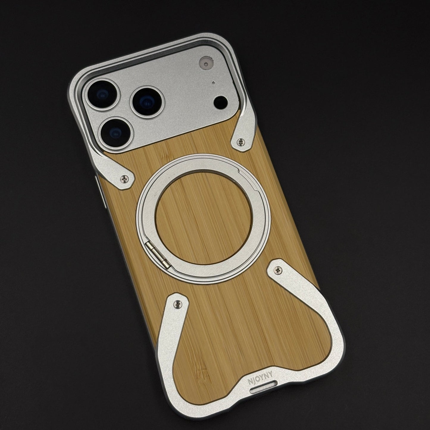 Wood Grain Metal Ring Stand Mobile Case Cover for iPhone 17 Series | Magnetic Kickstand Protection