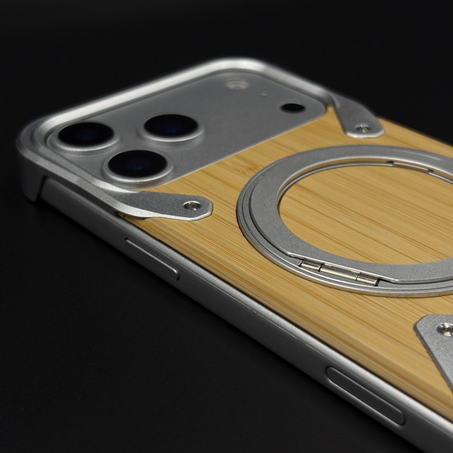 Wood Grain Metal Ring Stand Mobile Case Cover for iPhone 17 Series | Magnetic Kickstand Protection