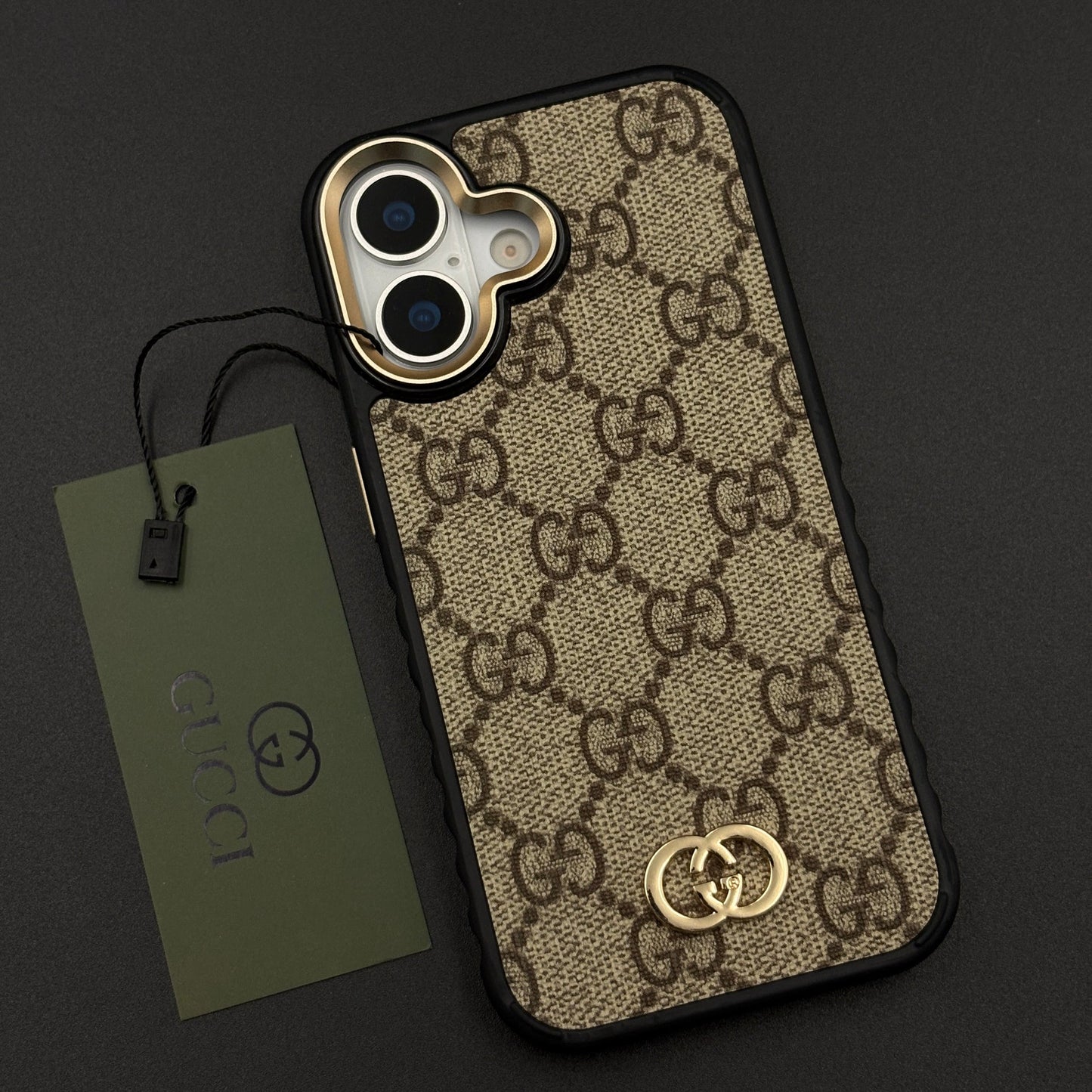 Beige GG Classic Heritage Case for iPhone 17 with Monogram and Gold Emblem