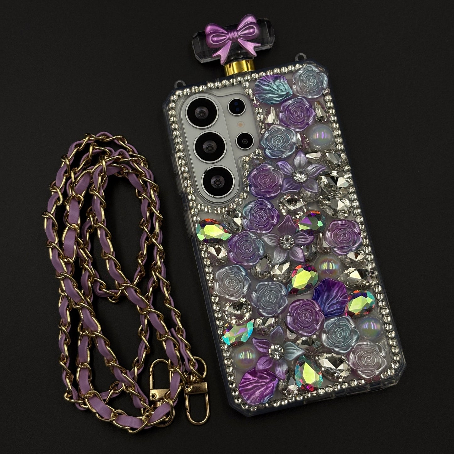 Perfume Floral Bottle Case with Sling for Samsung Galaxy S26 Ultra with Jewel-Style Floral Design