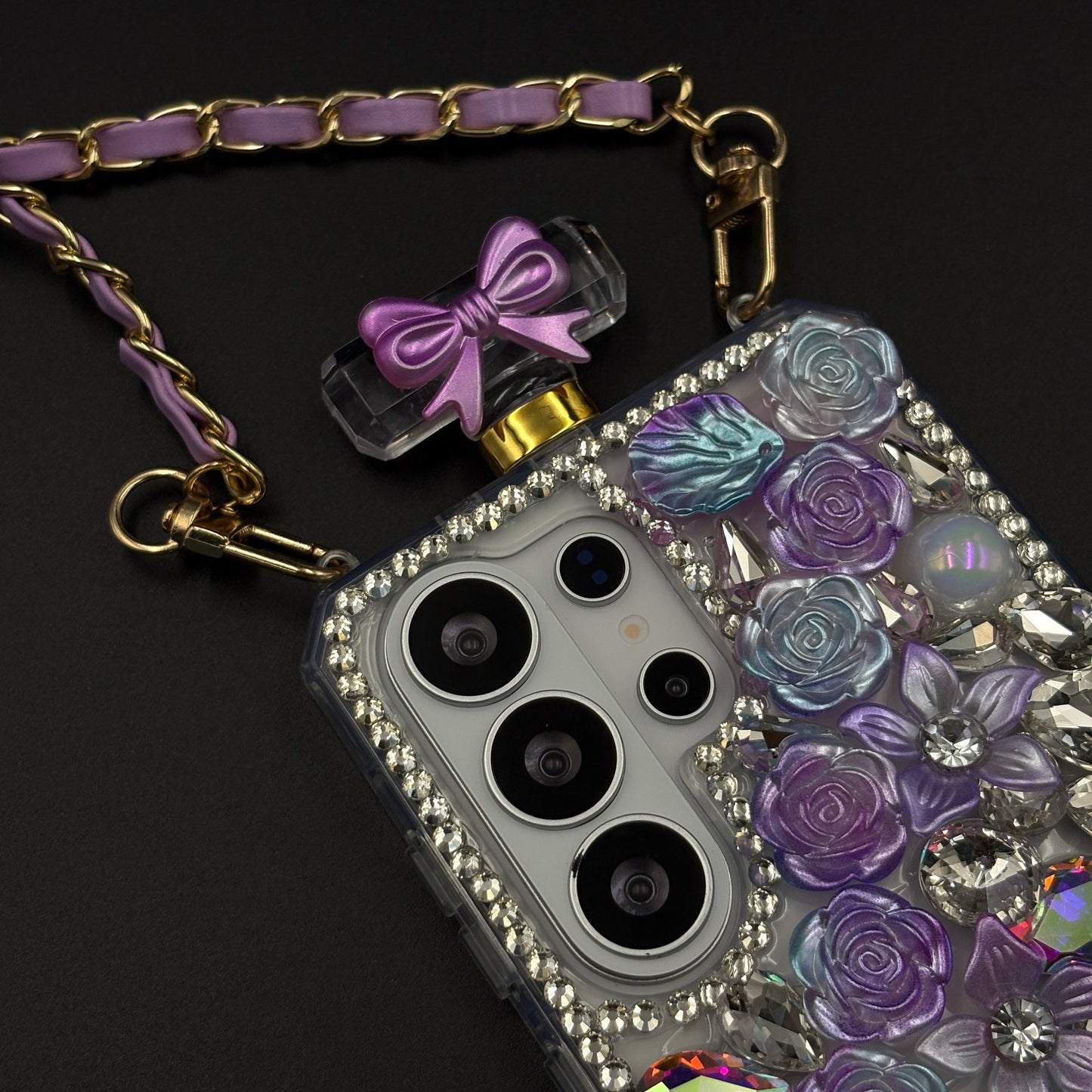 Perfume Floral Bottle Case with Sling for Samsung Galaxy S26 Ultra with Jewel-Style Floral Design