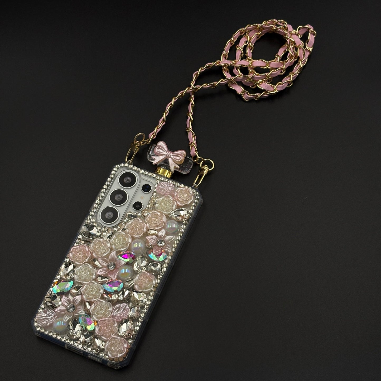 Perfume Floral Bottle Case with Sling for Samsung Galaxy S26 Ultra with Jewel-Style Floral Design