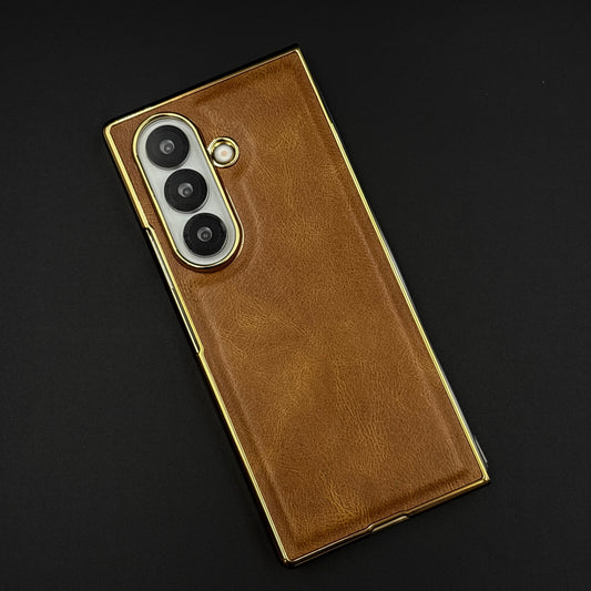 Leather Chrome Plated Case with Front Screen Protector for Samsung Galaxy Z Fold 4 | Luxury Protective Cover