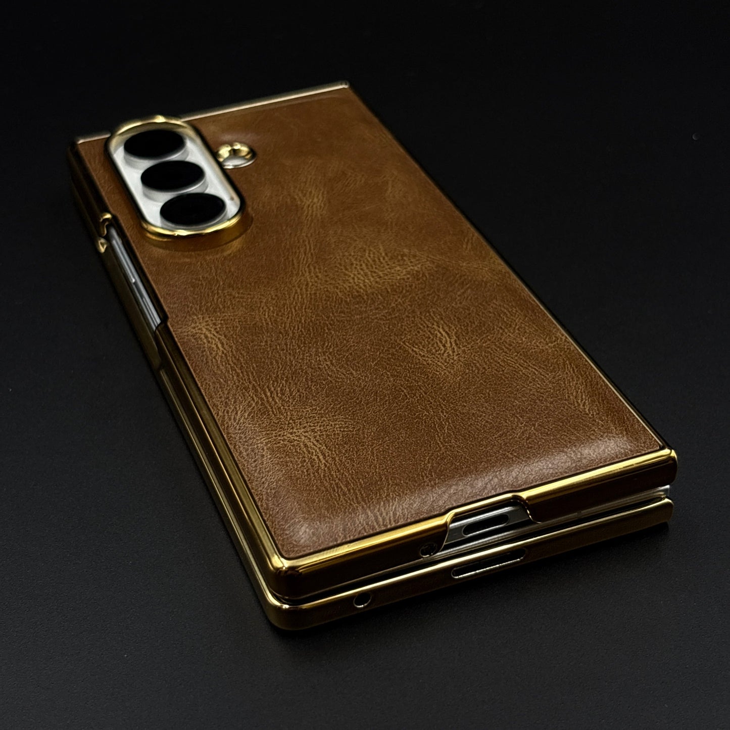 Leather Chrome Plated Case with Front Screen Protector for Samsung Galaxy Z Fold 4 | Luxury Protective Cover