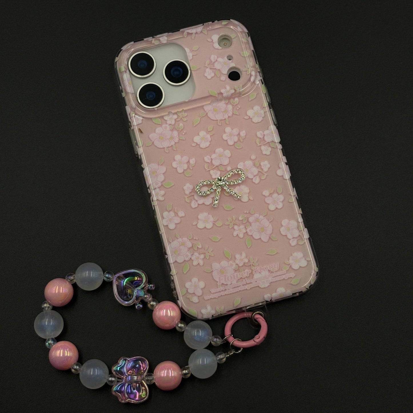 Pink Floral Bow Charm Case for iPhone 17 Series with Sweet Blossom and Beaded Sling