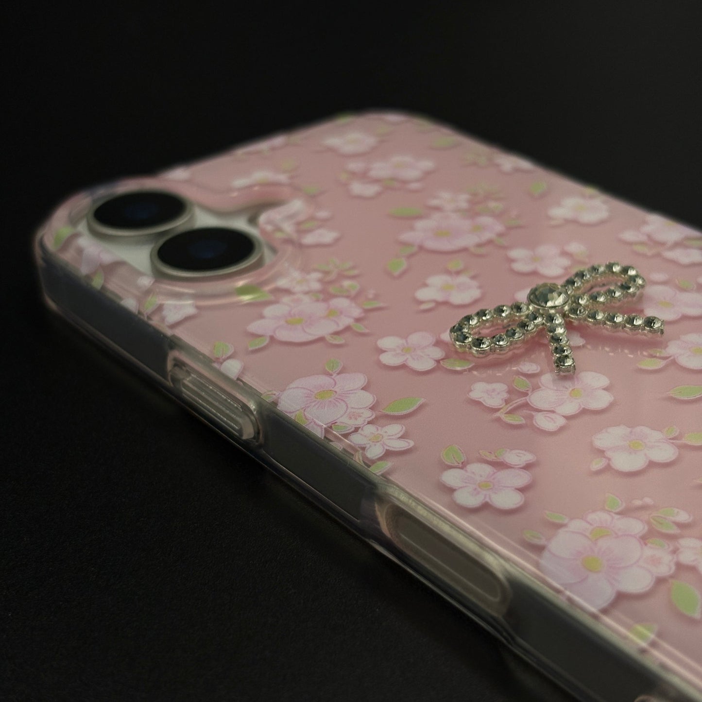 Pink Floral Bow Charm Case for iPhone 17 with Sweet Blossom and Beaded Sling