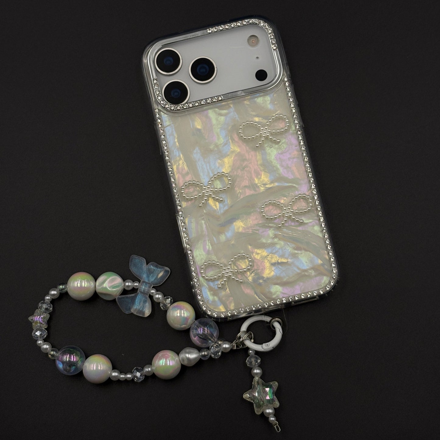 Iridescent Bow Luxe Diamond Case for iPhone 17 Series with Charm Sling