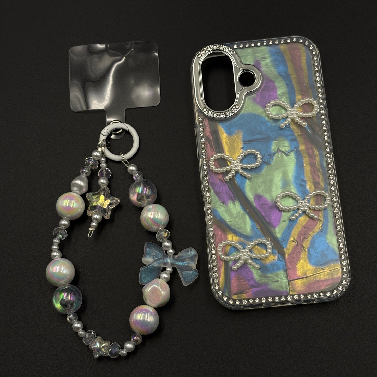 Iridescent Bow Luxe Diamond Case for iPhone 17 with Charm Sling