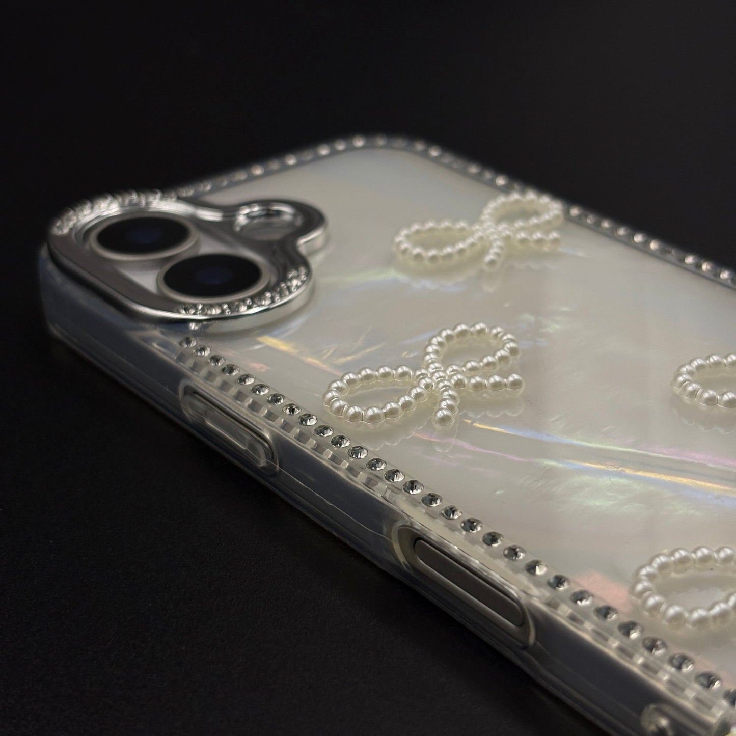 Iridescent Bow Luxe Diamond Case for iPhone 17 with Charm Sling