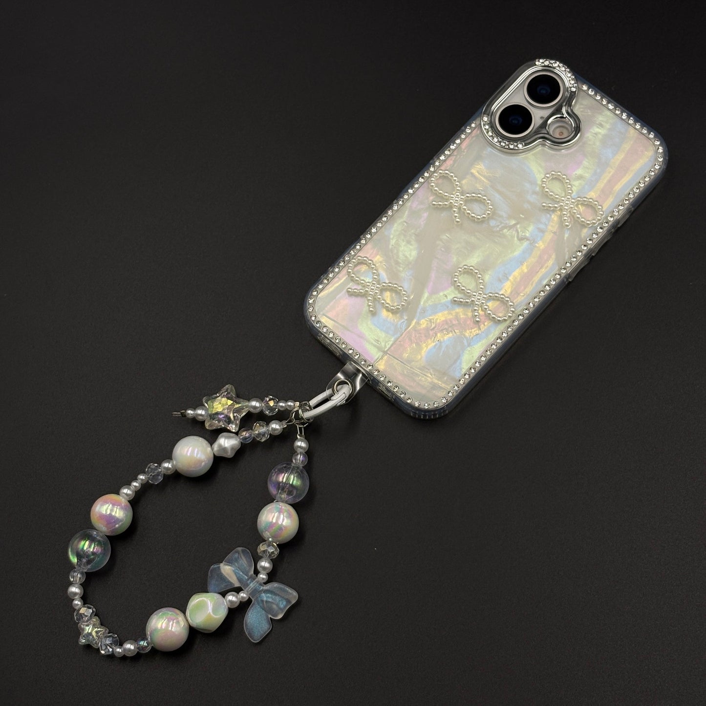 Iridescent Bow Luxe Diamond Case for iPhone 17 with Charm Sling
