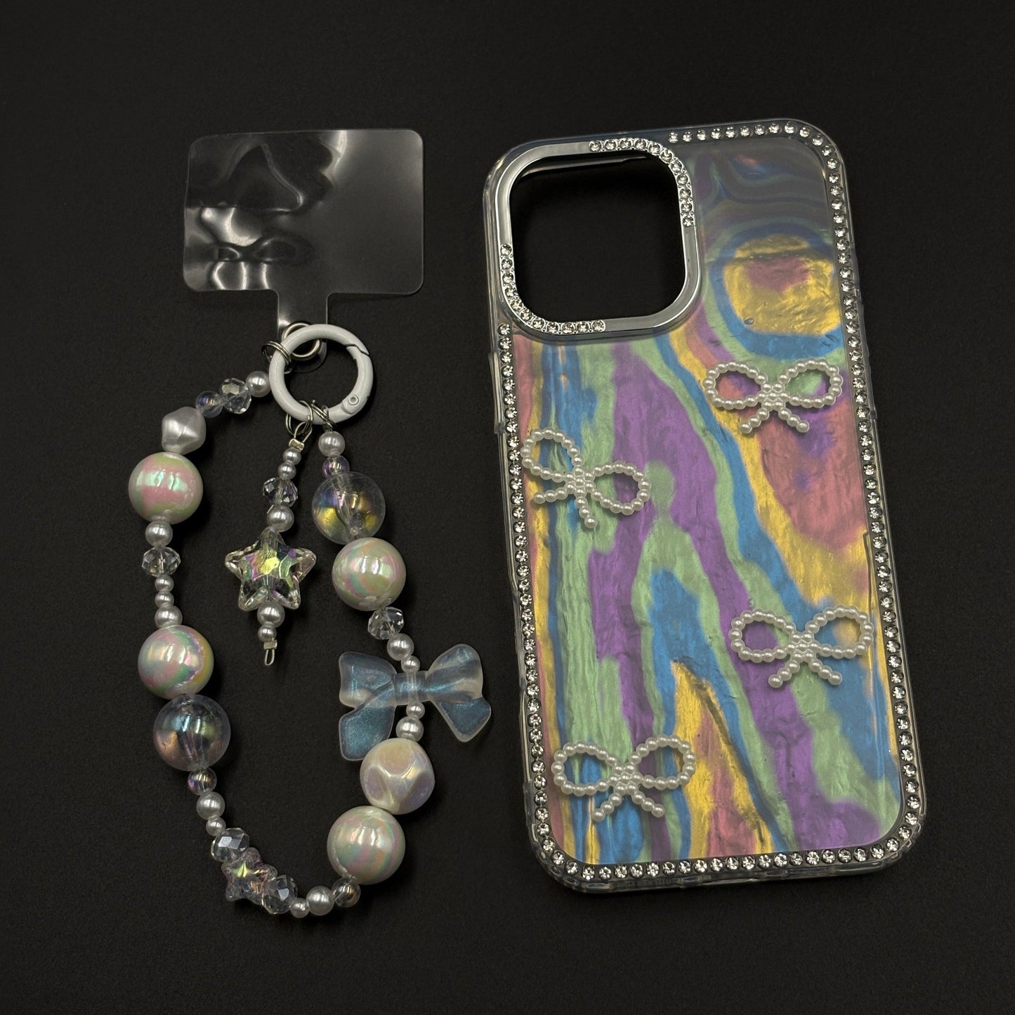 Iridescent Bow Luxe Diamond Case for iPhone with Charm Sling