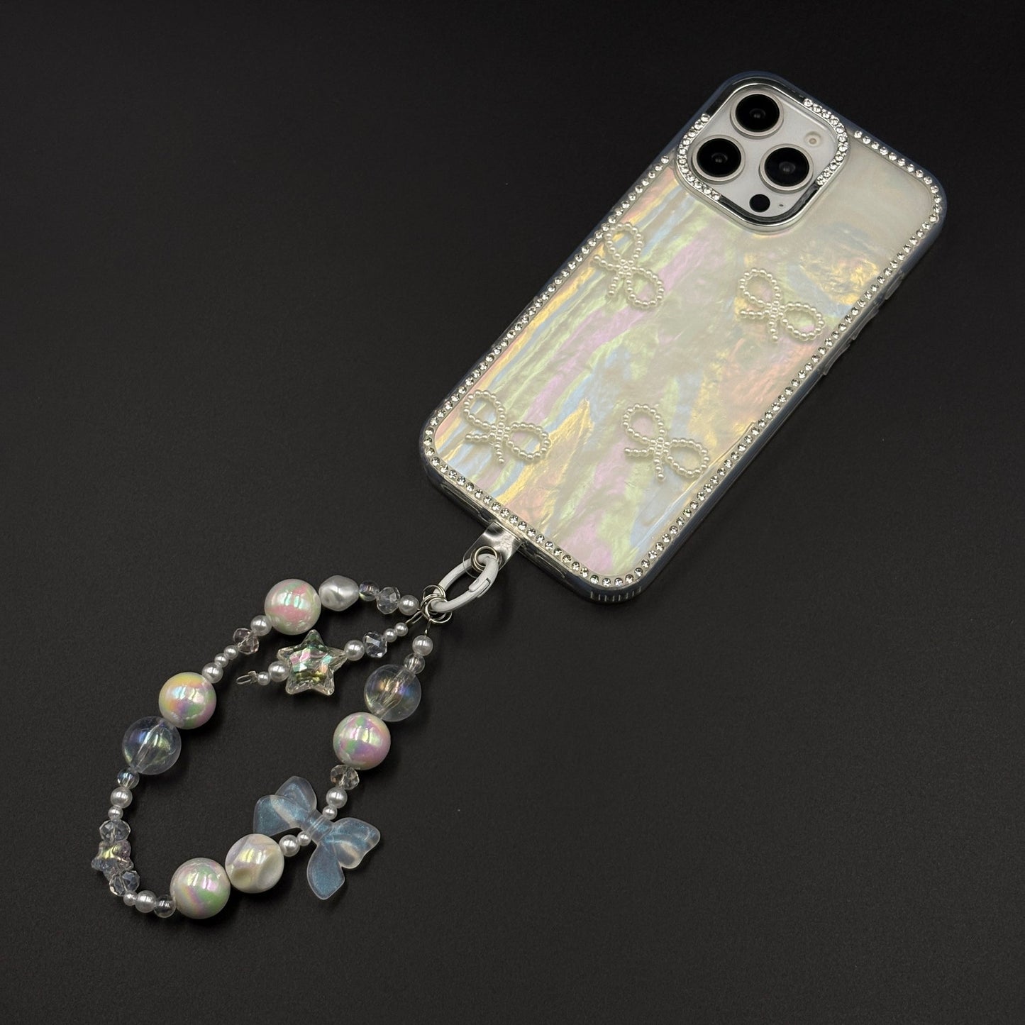 Iridescent Bow Luxe Diamond Case for iPhone with Charm Sling