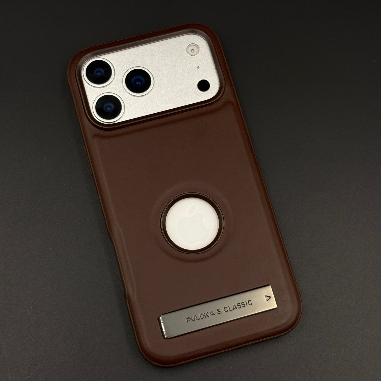 Premium Leather Logo Cut Mobile Case Cover with Metal Kickstand for iPhone 17 Series | Classic Stand Edition