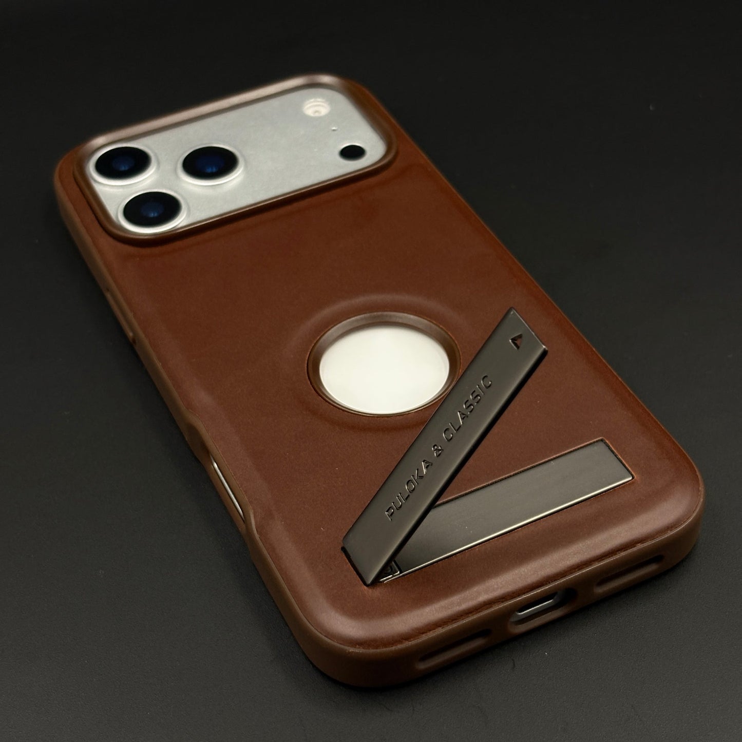 Premium Leather Logo Cut Mobile Case Cover with Metal Kickstand for iPhone 17 Series | Classic Stand Edition