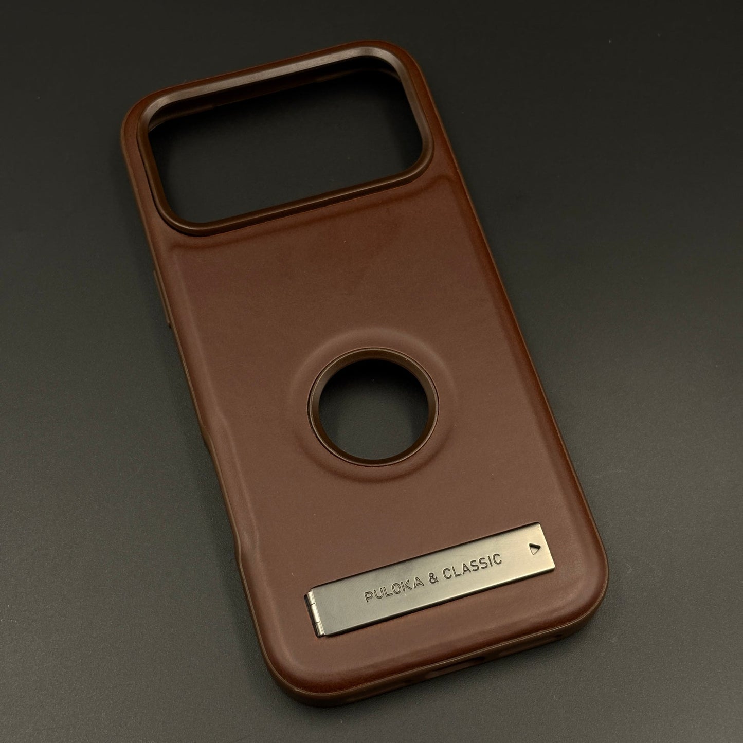 Premium Leather Logo Cut Mobile Case Cover with Metal Kickstand for iPhone 17 Series | Classic Stand Edition