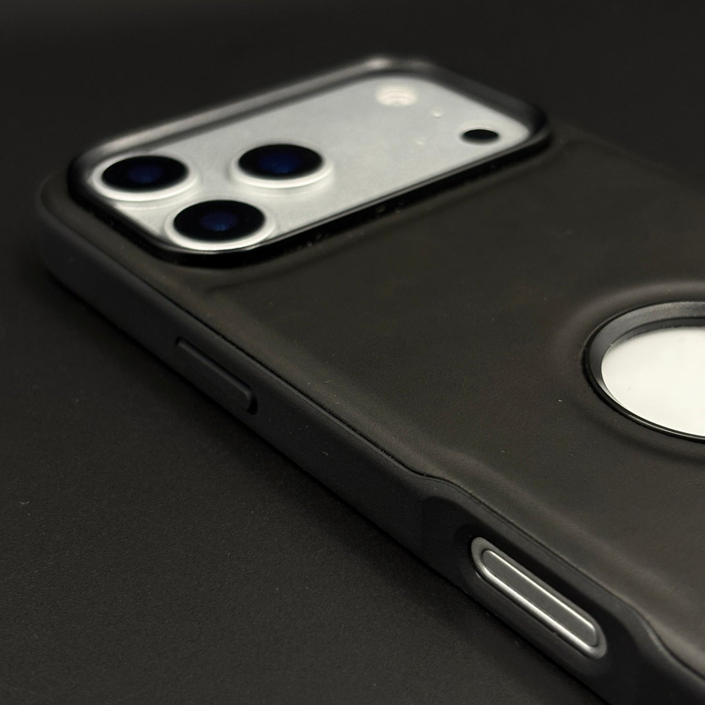 Premium Leather Logo Cut Mobile Case Cover with Metal Kickstand for iPhone 17 Series | Classic Stand Edition