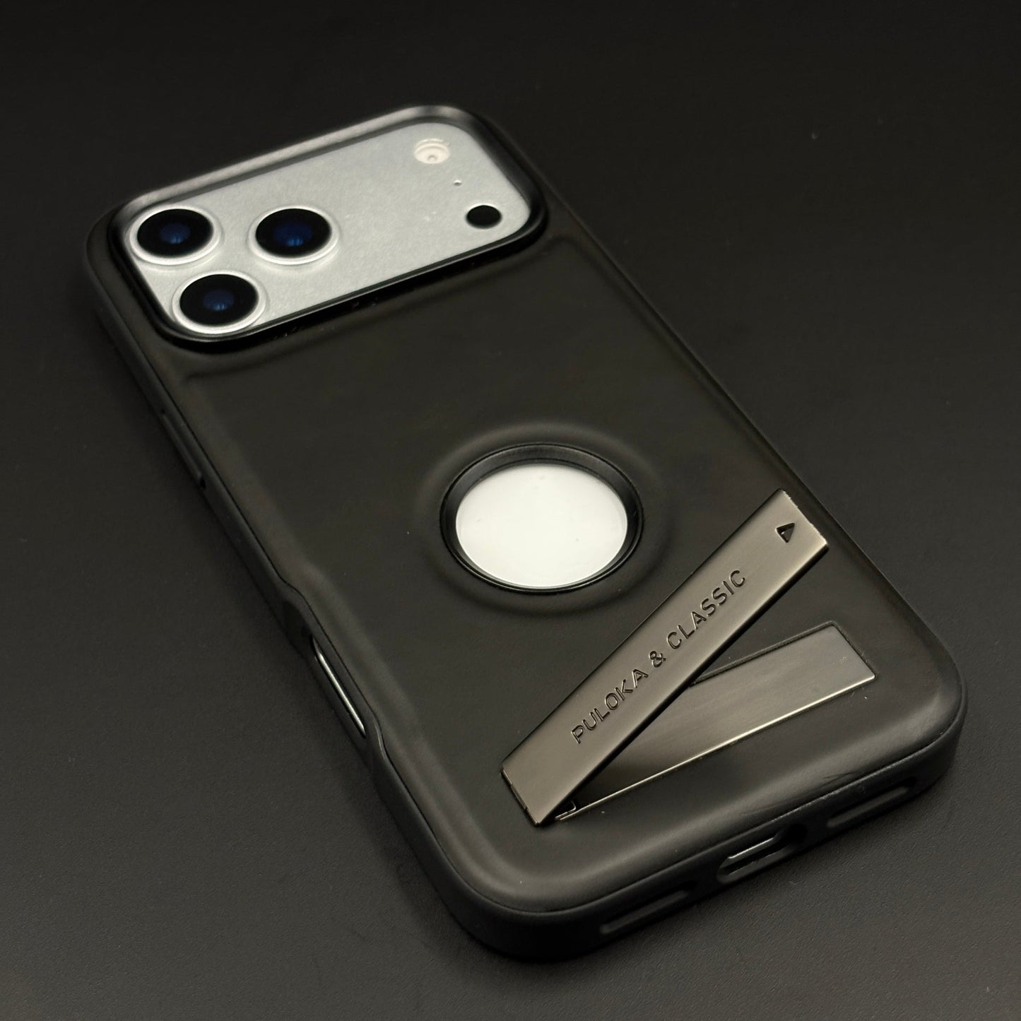 Premium Leather Logo Cut Mobile Case Cover with Metal Kickstand for iPhone 17 Series | Classic Stand Edition