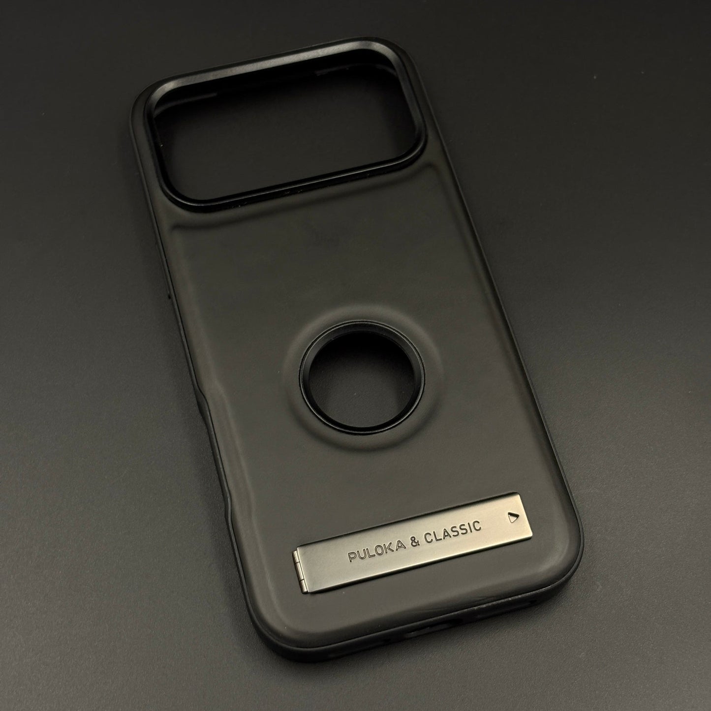 Premium Leather Logo Cut Mobile Case Cover with Metal Kickstand for iPhone 17 Series | Classic Stand Edition