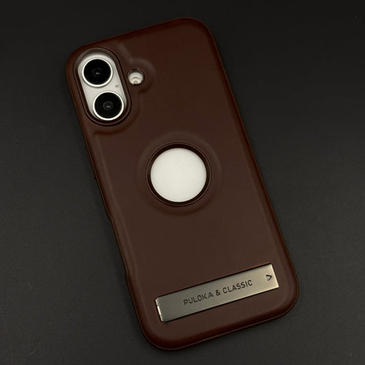 Premium Leather Logo Cut Mobile Case Cover with Metal Kickstand for iPhone 17  | Classic Stand Edition