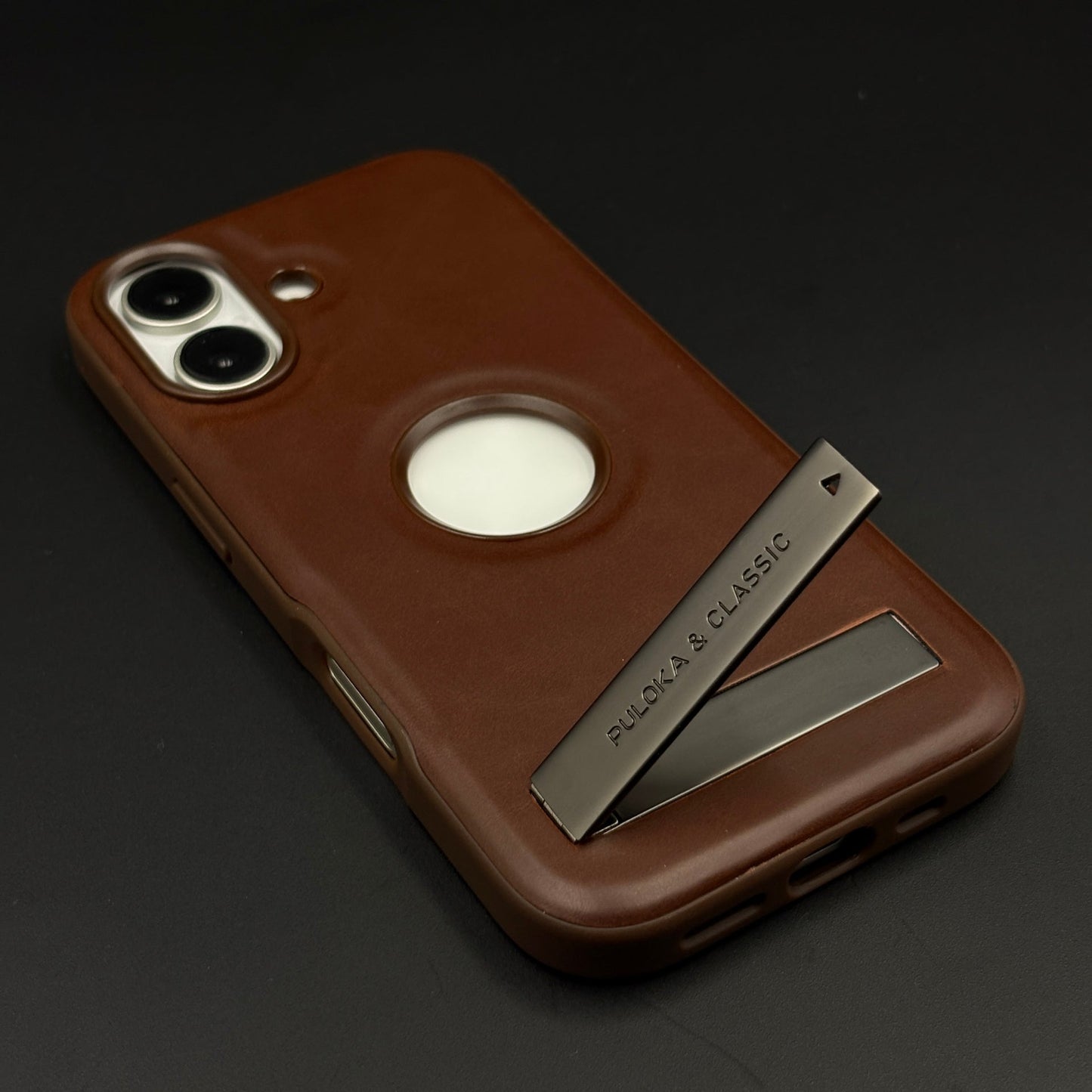Premium Leather Logo Cut Mobile Case Cover with Metal Kickstand for iPhone 17  | Classic Stand Edition